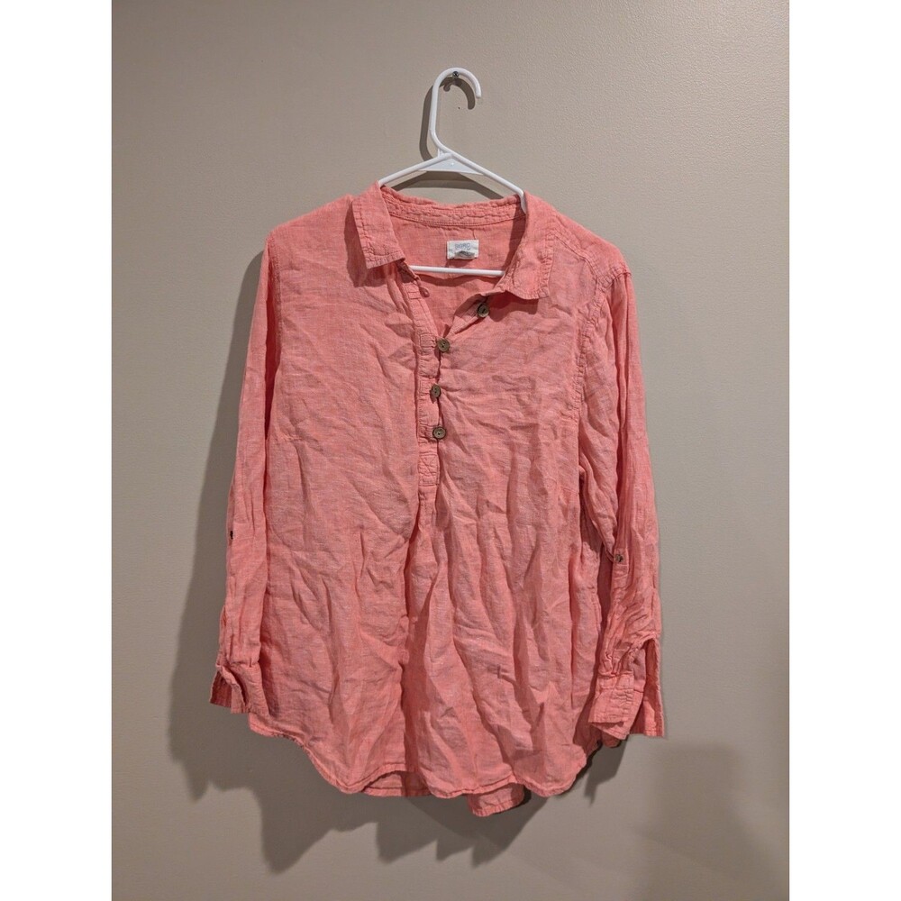 Sigrid Olsen Womens 1X Pink Linen Half Button Roll Tab Sleeves Shirt Minimalist